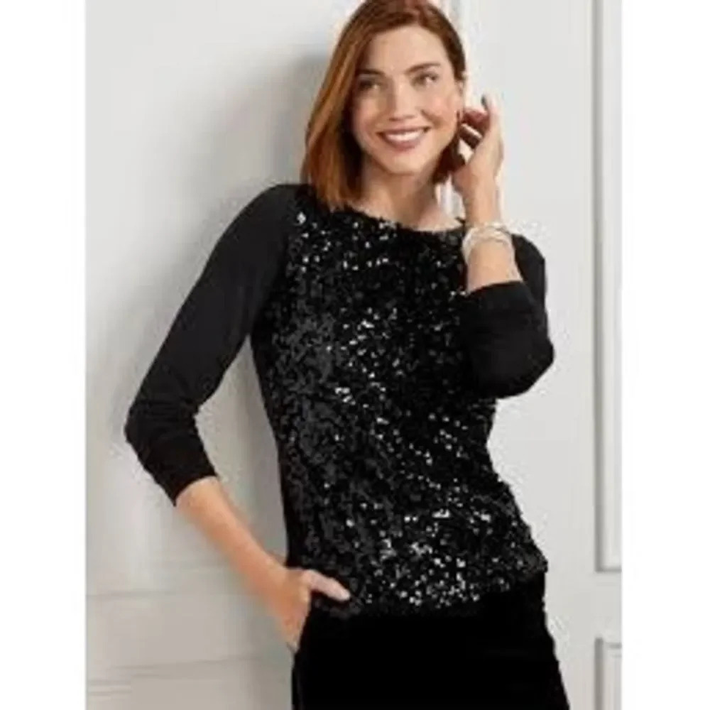 NWOT Talbots Women's Plus Size 1X Black Sequined Long‎ Sleeve Crewneck Blouse